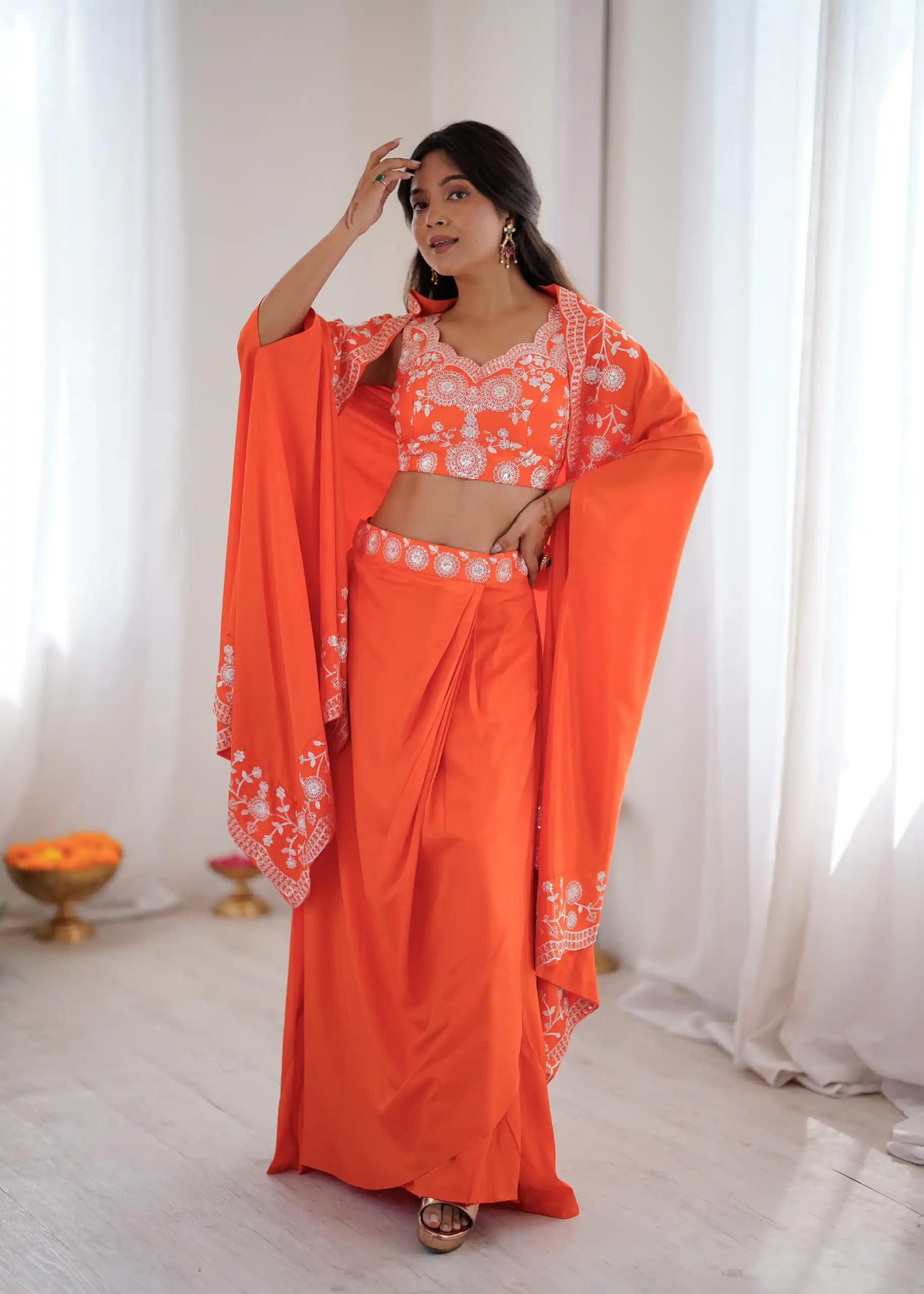Aglow Orange French Crep Sequence Work Dhoti Suit