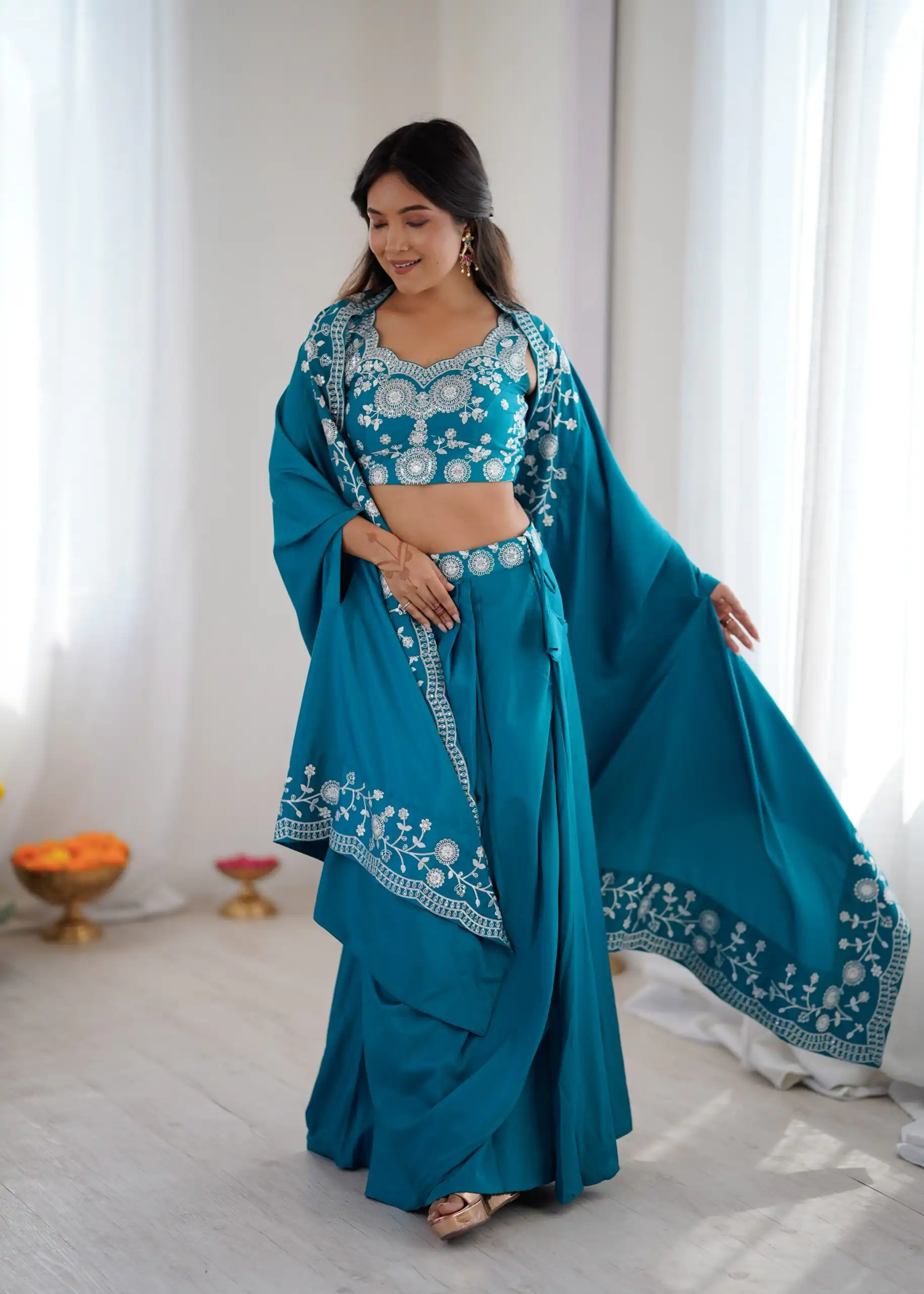 Aglow Teal French Crep Sequence Work Dhoti Suit - Image 2