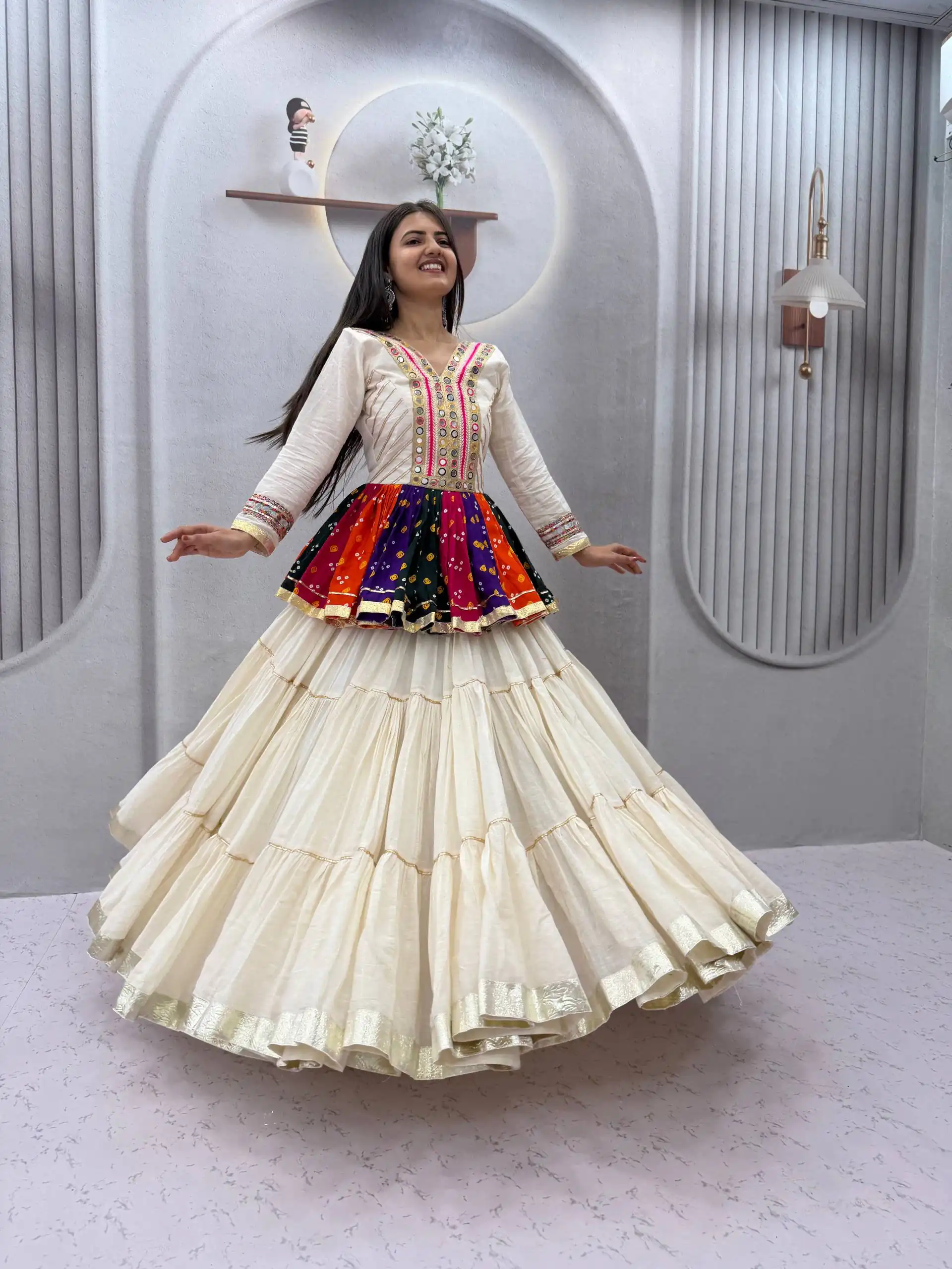 Aglow White Pure Cotton Gamthi Work Lehenga Choli - Image 3
