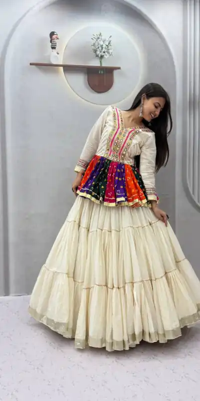Alternative view of Aglow White Pure Cotton Gamthi Work Lehenga Choli