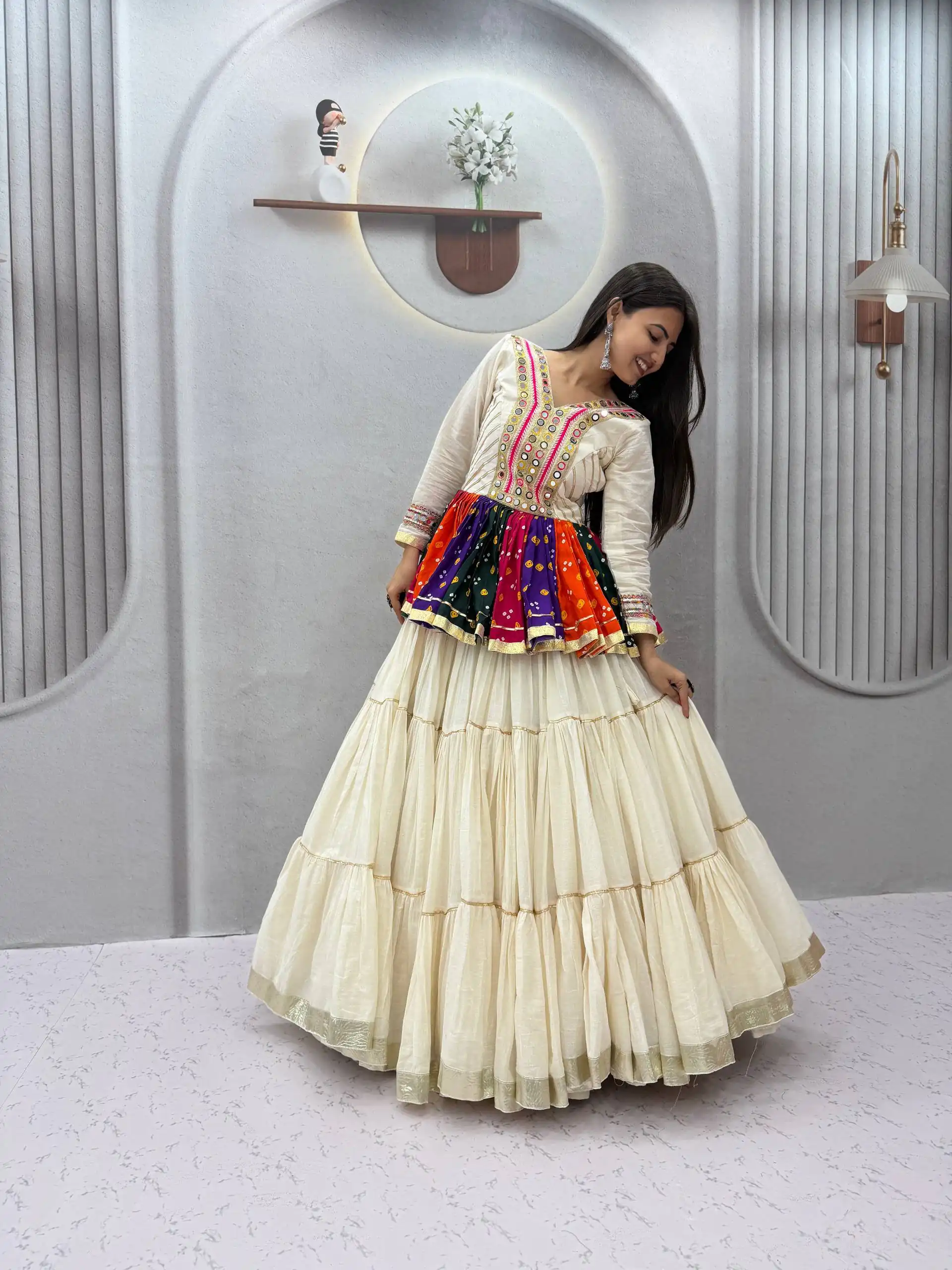 Aglow White Pure Cotton Gamthi Work Lehenga Choli - Image 2