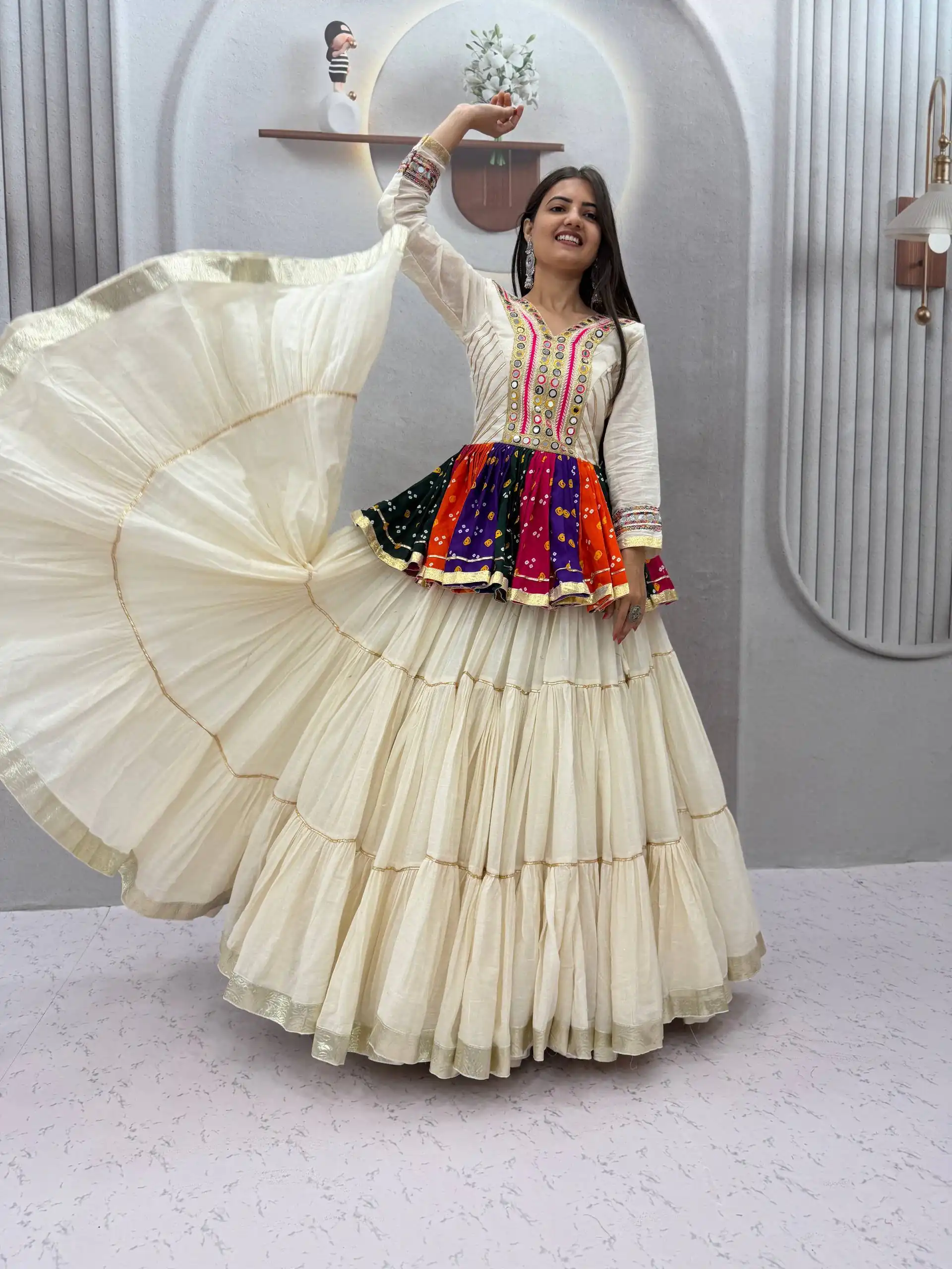 Aglow White Pure Cotton Gamthi Work Lehenga Choli