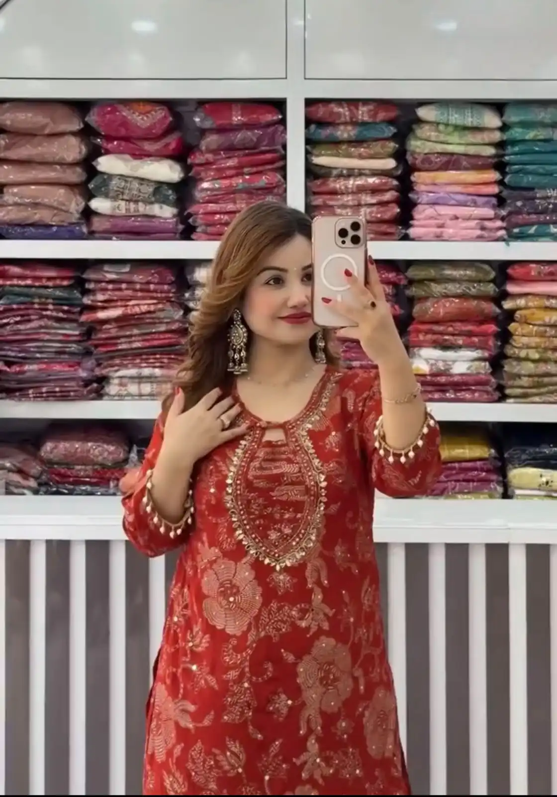Cool Red Faux Georgette Sequences Work Salwar Suit