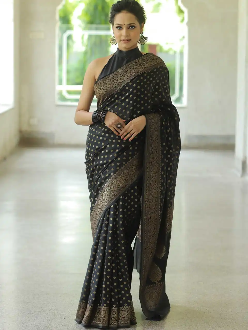 Fancy Black Lichi Silk Jacquard Work Saree
