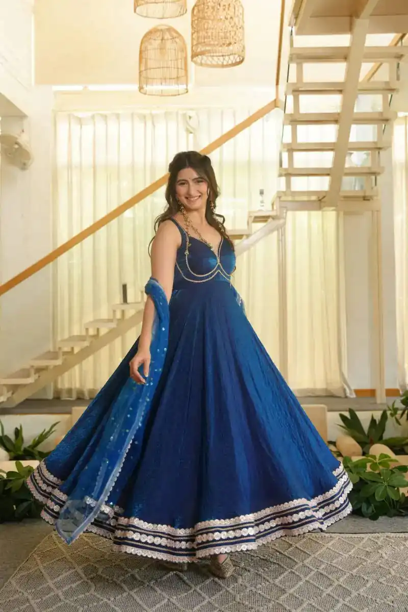 Fancy Blue Fendy Silk Sequins Work Gown - Image 4