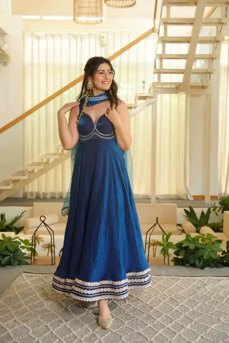 Fancy Blue Fendy Silk Sequins Work Gown - Image 3