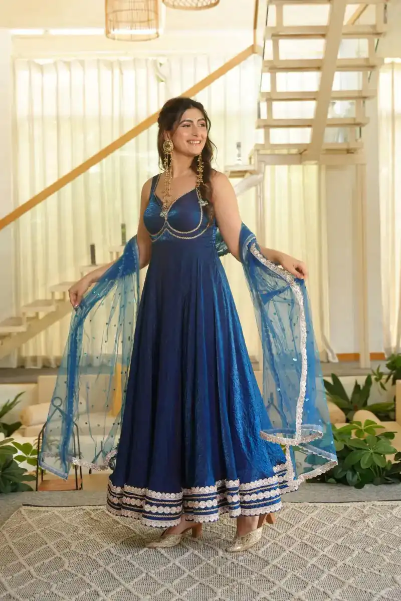 Fancy Blue Fendy Silk Sequins Work Gown - Image 2