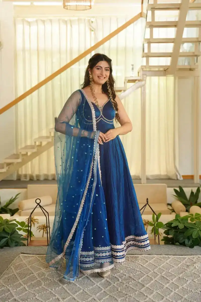 Fancy Blue Fendy Silk Sequins Work Gown