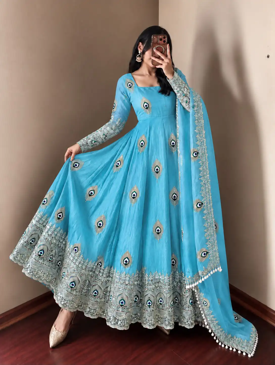 Fancy Blue Fendy Silk Sequins Work Gown - Image 3