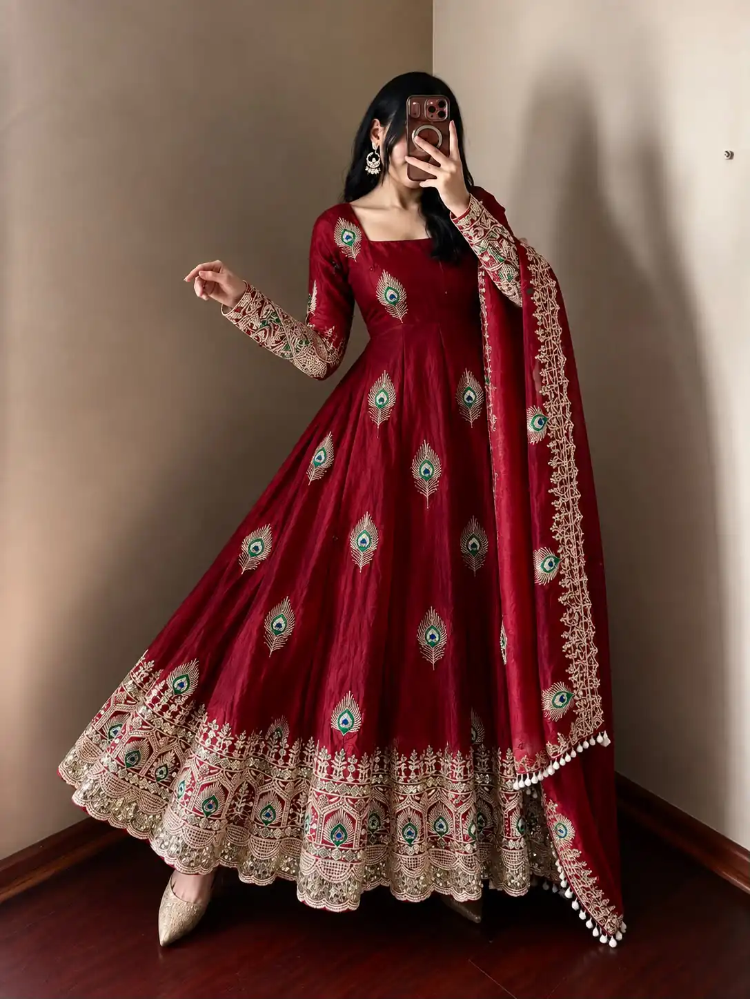 Fancy Maroon Fendy Silk Sequins Work Gown - Image 2