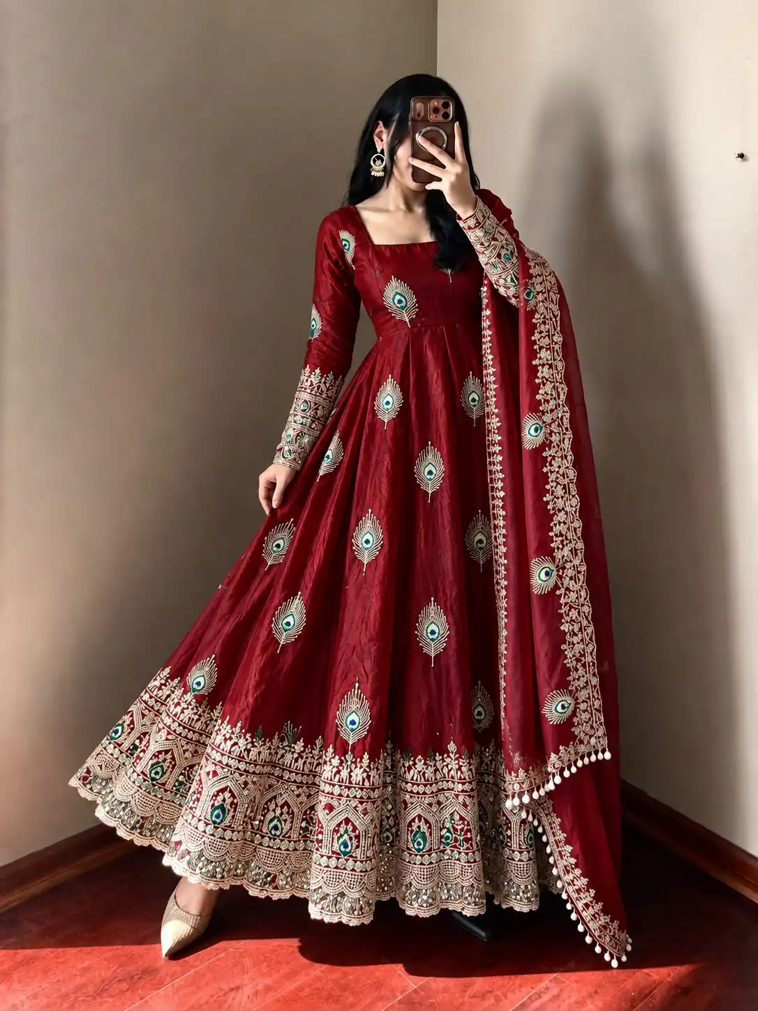 Fancy Maroon Fendy Silk Sequins Work Gown