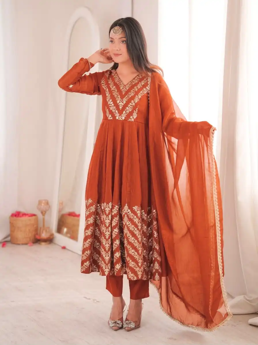 Fancy Orange Crunchy Silk Embroider Work Anarkali Suit - Image 4