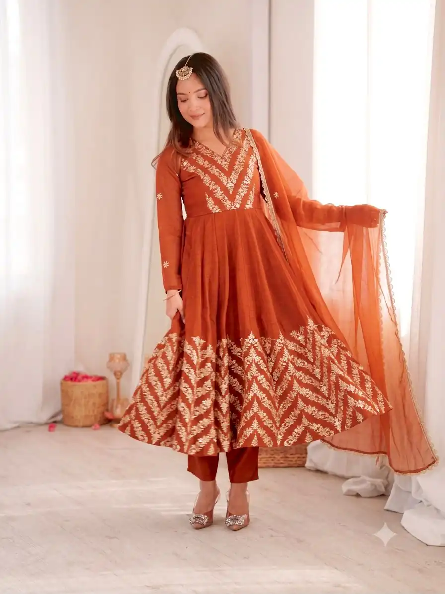 Fancy Orange Crunchy Silk Embroider Work Anarkali Suit - Image 3