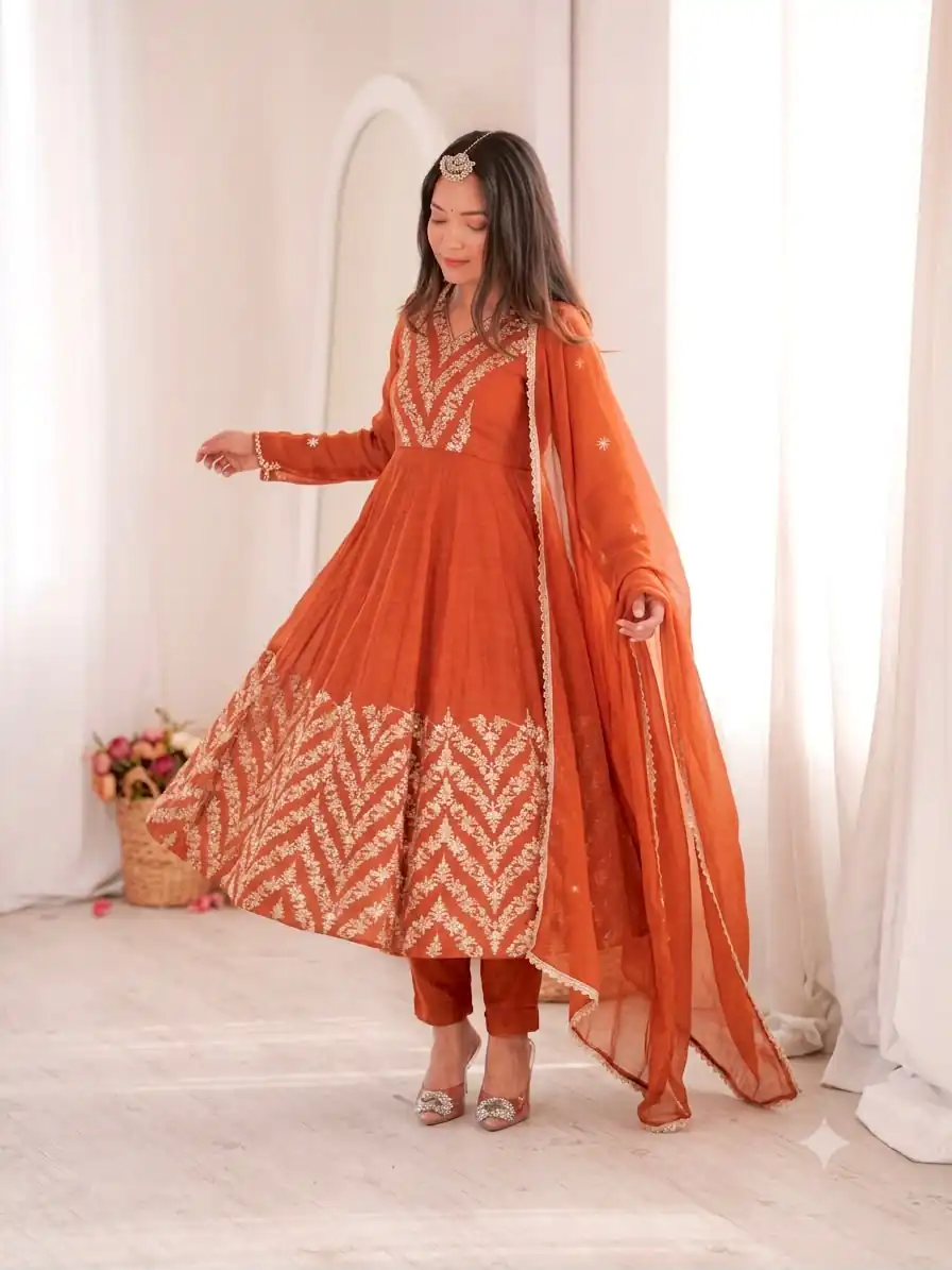 Fancy Orange Crunchy Silk Embroider Work Anarkali Suit - Image 2