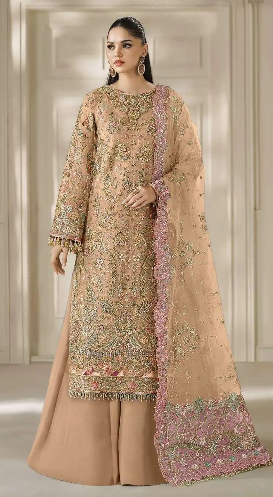 Fancy Peach Chiffon Sequins Work Salwar Suit
