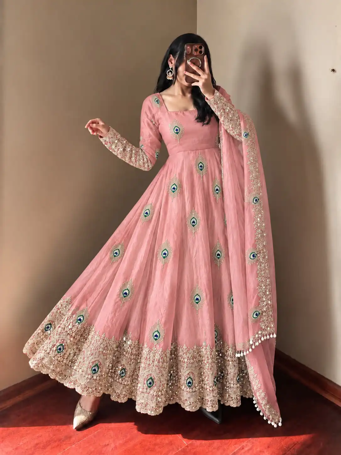 Fancy Peach Fendy Silk Sequins Work Gown - Image 4