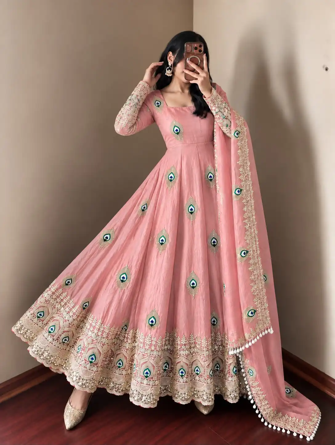 Fancy Peach Fendy Silk Sequins Work Gown - Image 2