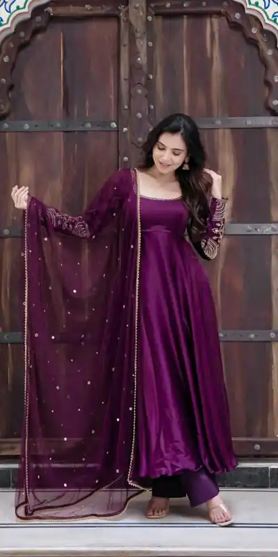Fancy Purple Upada Silk Embroidery Work Gown