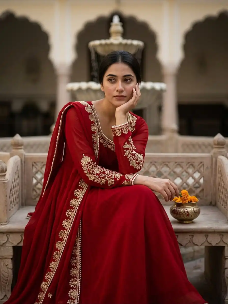Fancy Red Faux Georgette Sequence Work Gown - Image 6