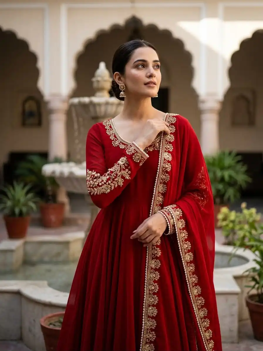 Fancy Red Faux Georgette Sequence Work Gown - Image 5