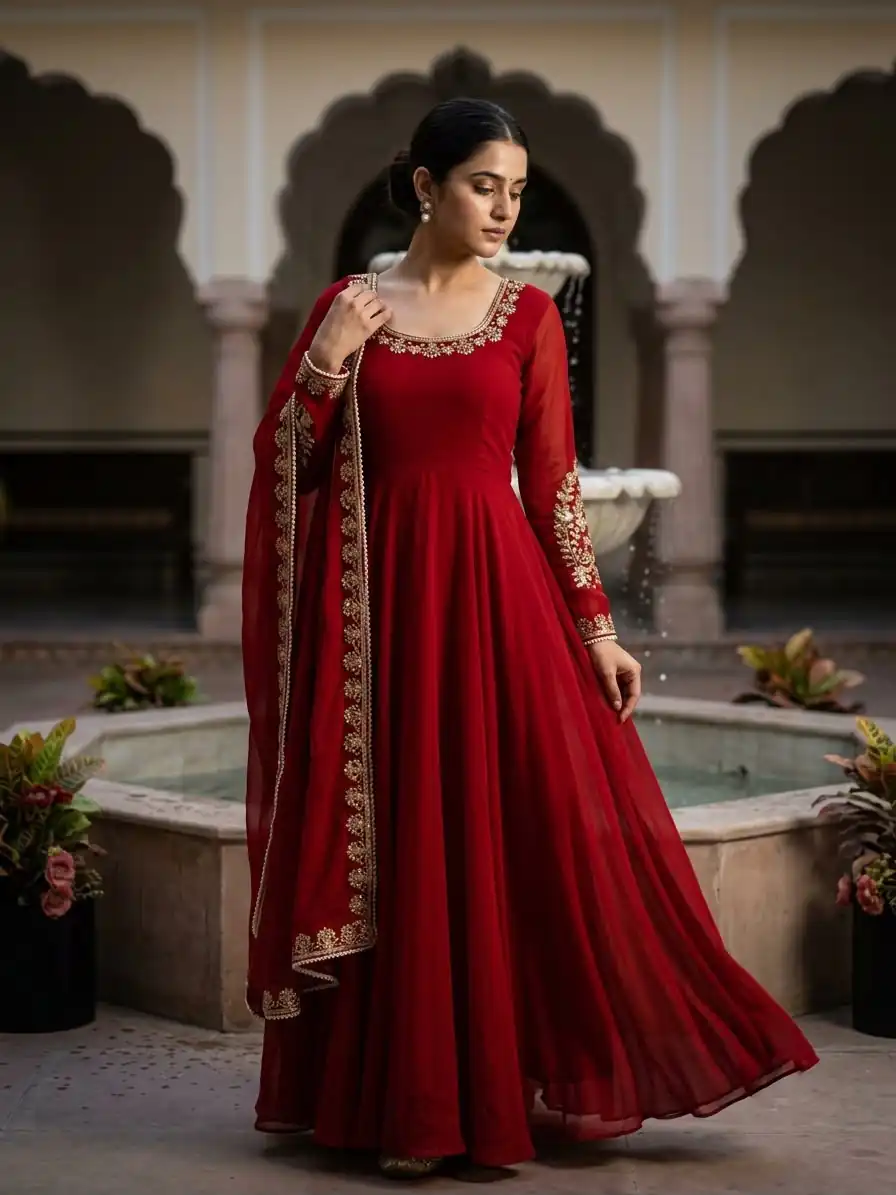 Fancy Red Faux Georgette Sequence Work Gown - Image 4