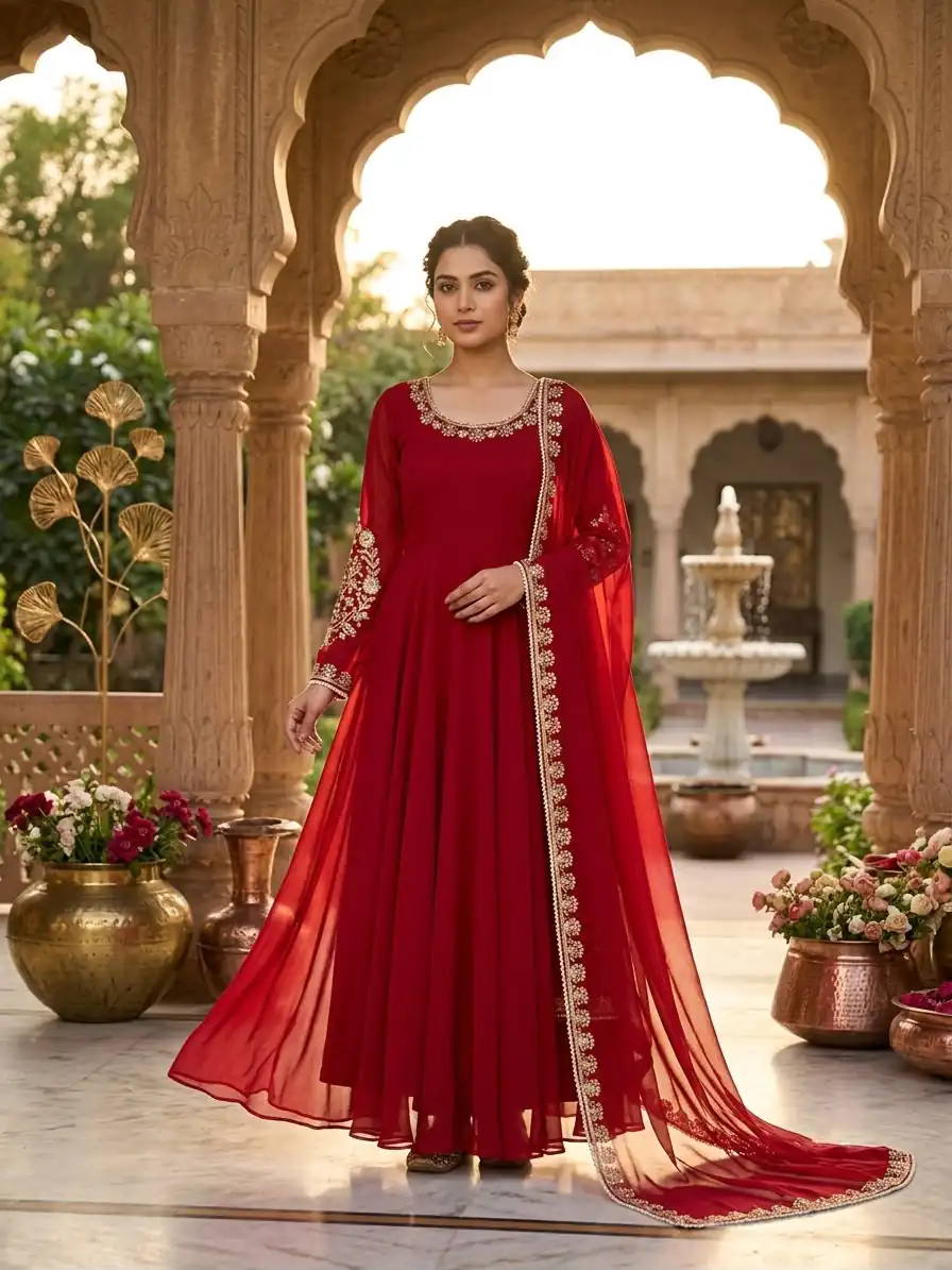 Fancy Red Faux Georgette Sequence Work Gown - Image 3
