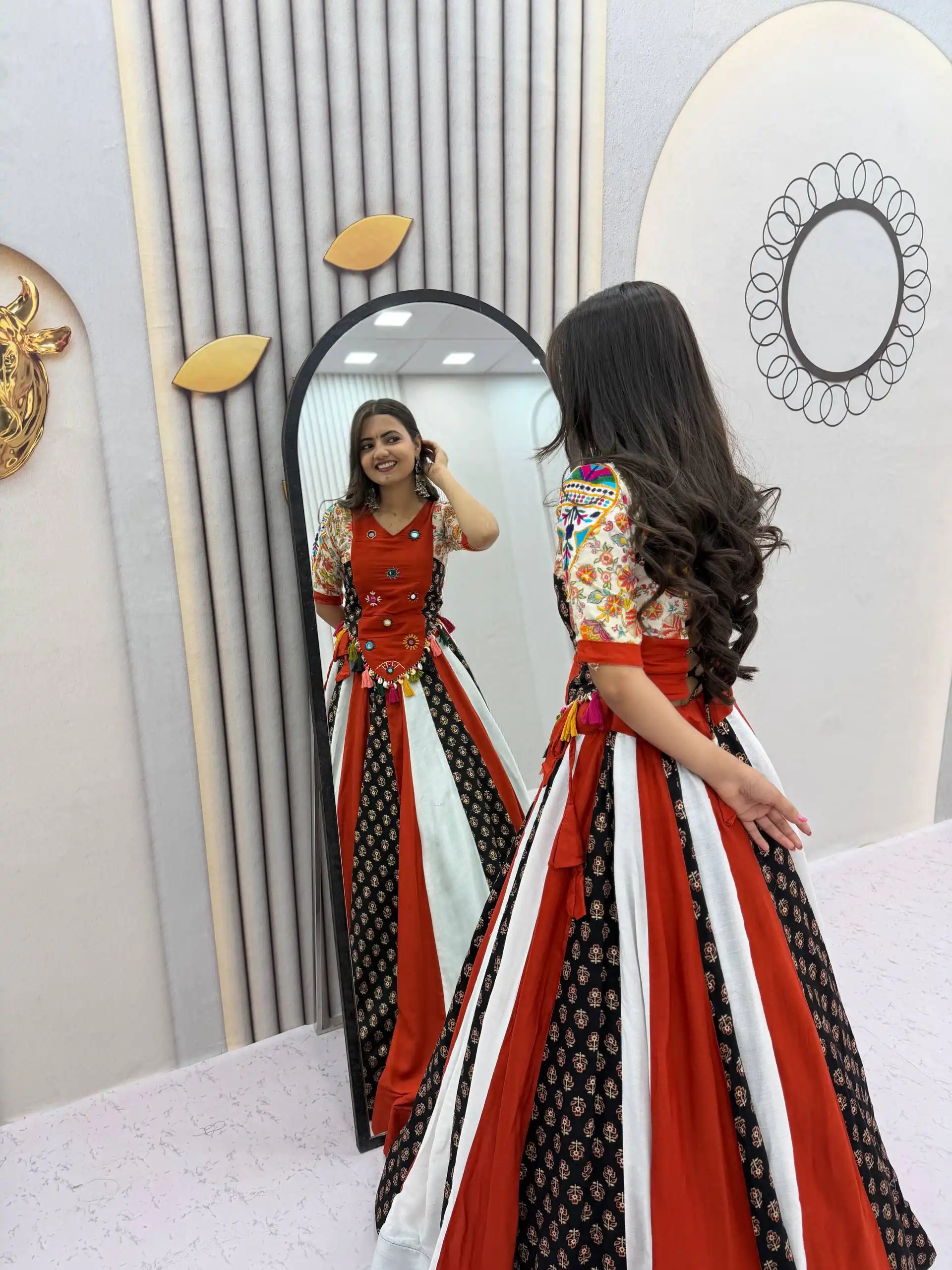 Fancy Red Pure Cotton Hand Work Lehenga Choli - Image 2