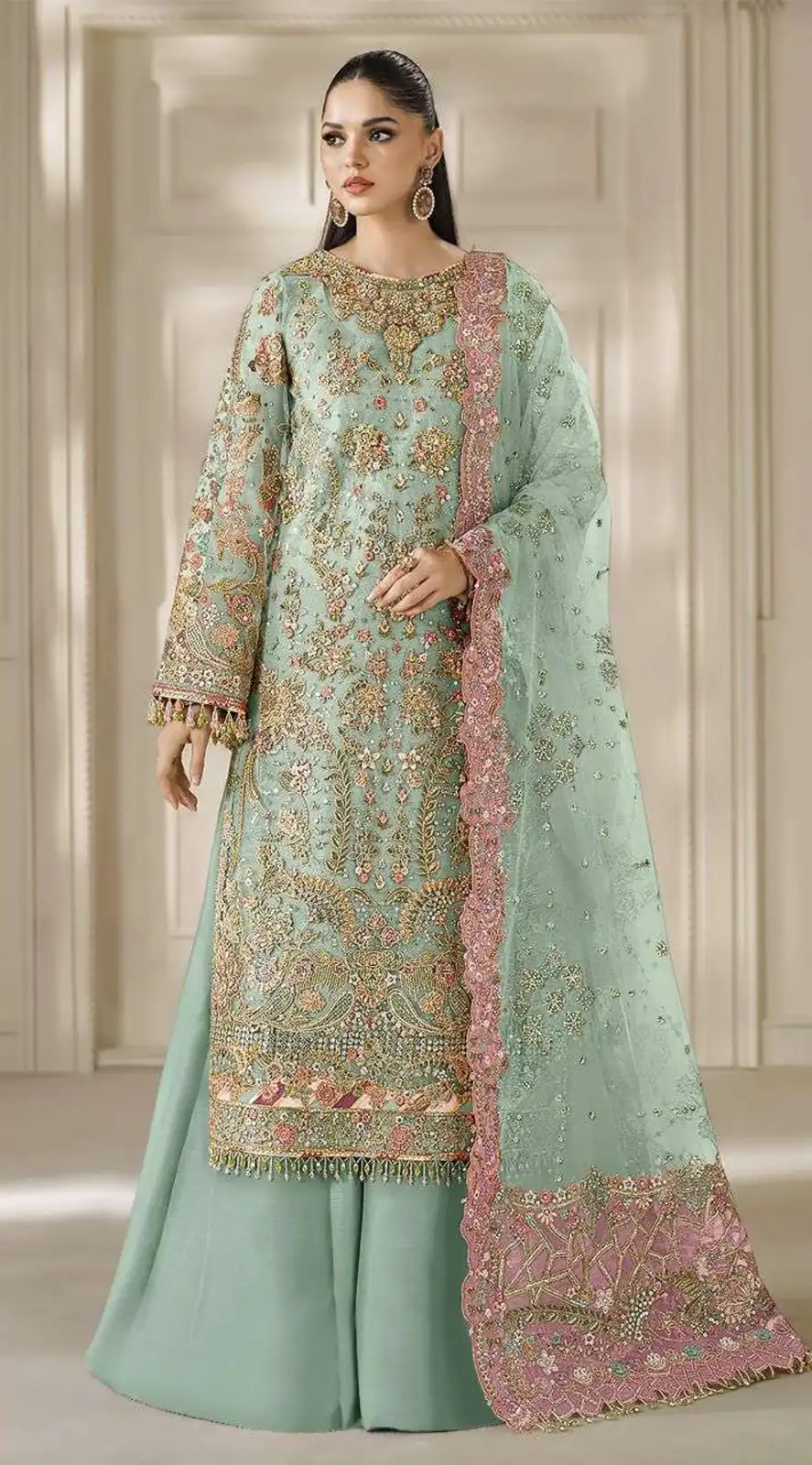Fancy Sea Green Chiffon Sequins Work Salwar Suit