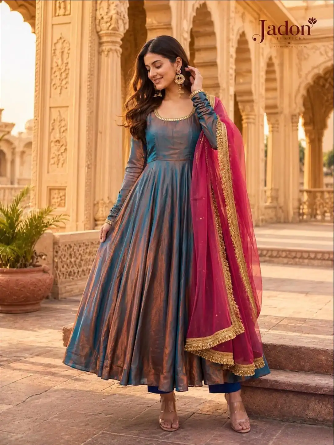 Fancy Teal Fendy Silk Less Work Gown