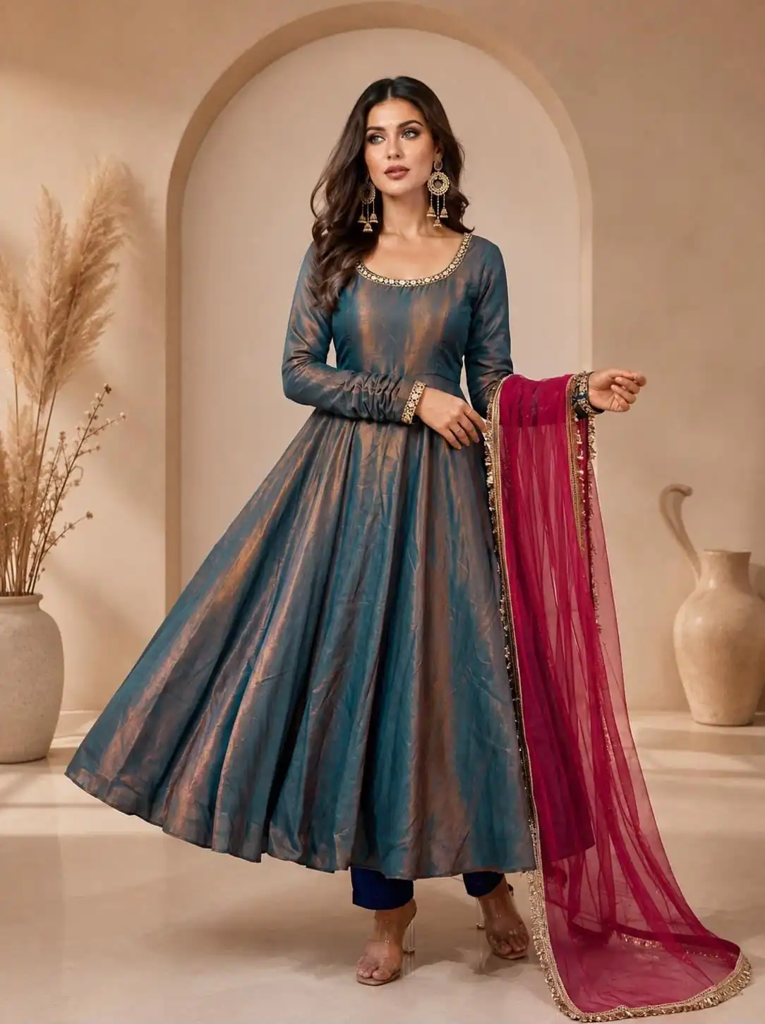 Fancy Teal Fendy Silk Less Work Gown - Image 2