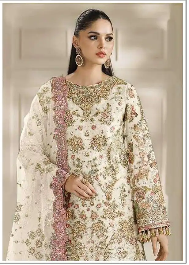 Fancy White Chiffon Sequins Work Salwar Suit - Image 2