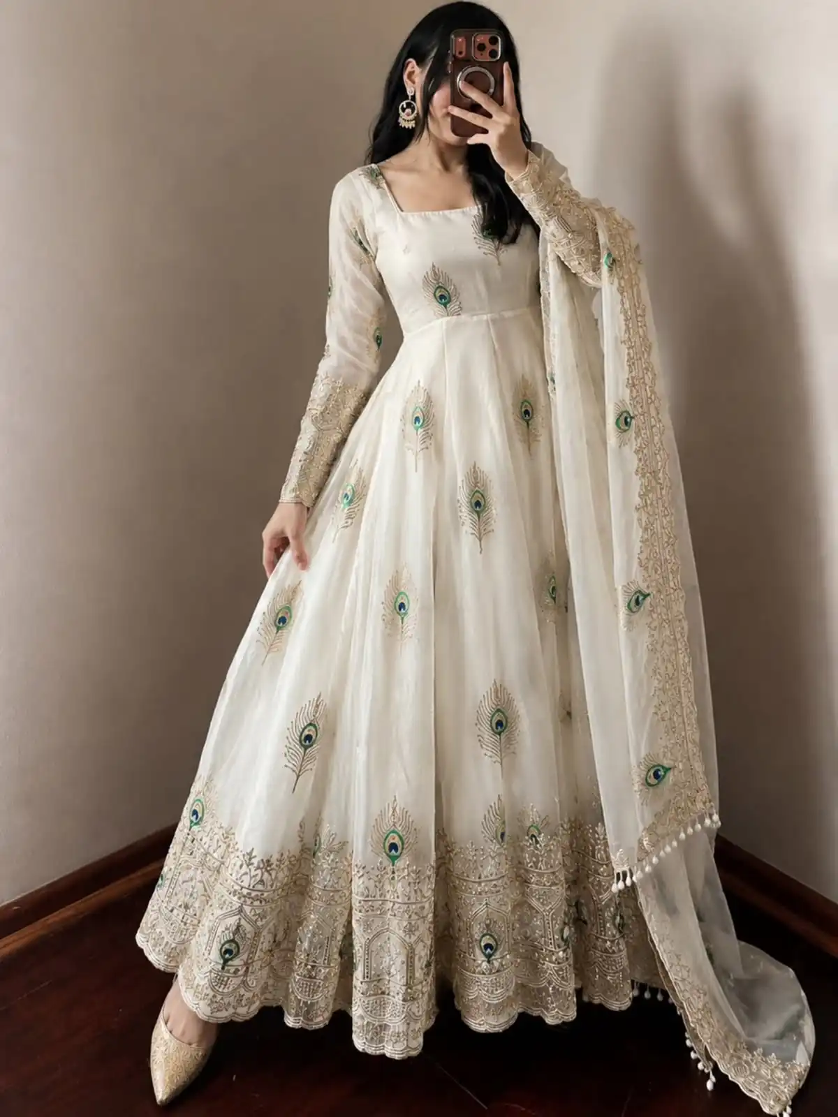 Fancy White Fendy Silk Sequins Work Gown - Image 4