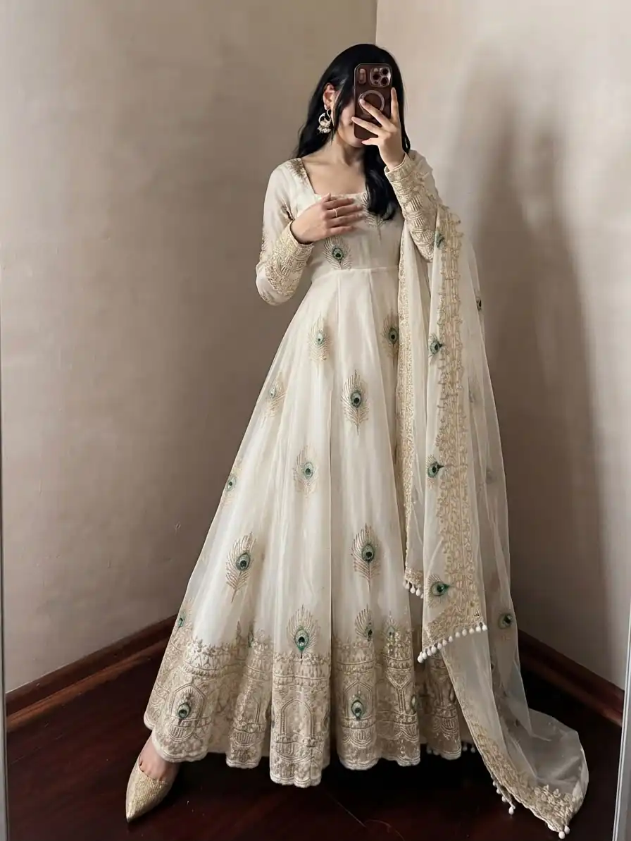 Fancy White Fendy Silk Sequins Work Gown