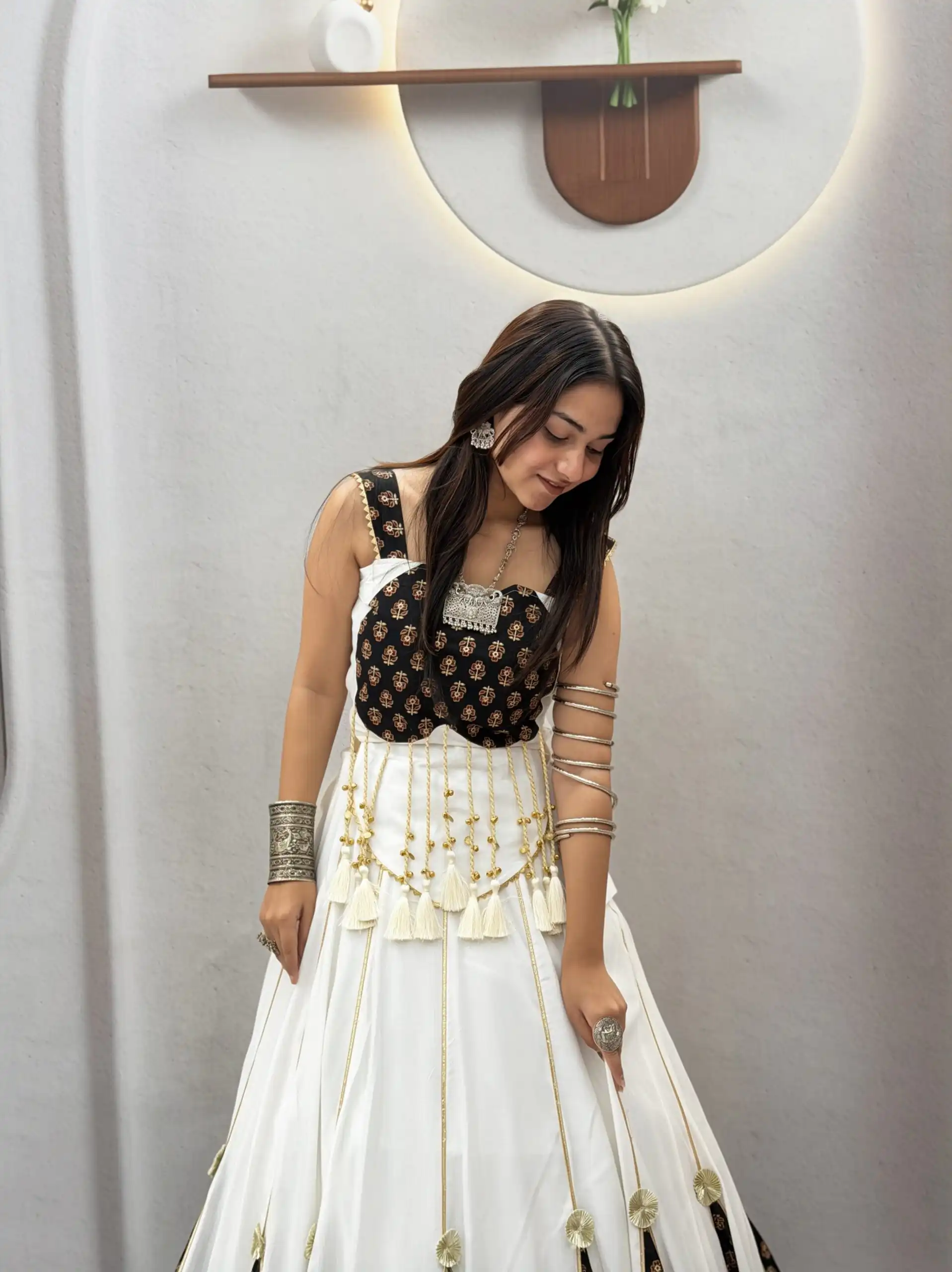 Fancy White Pure Cotton Ajarak Hand Work Lehenga Choli - Image 3