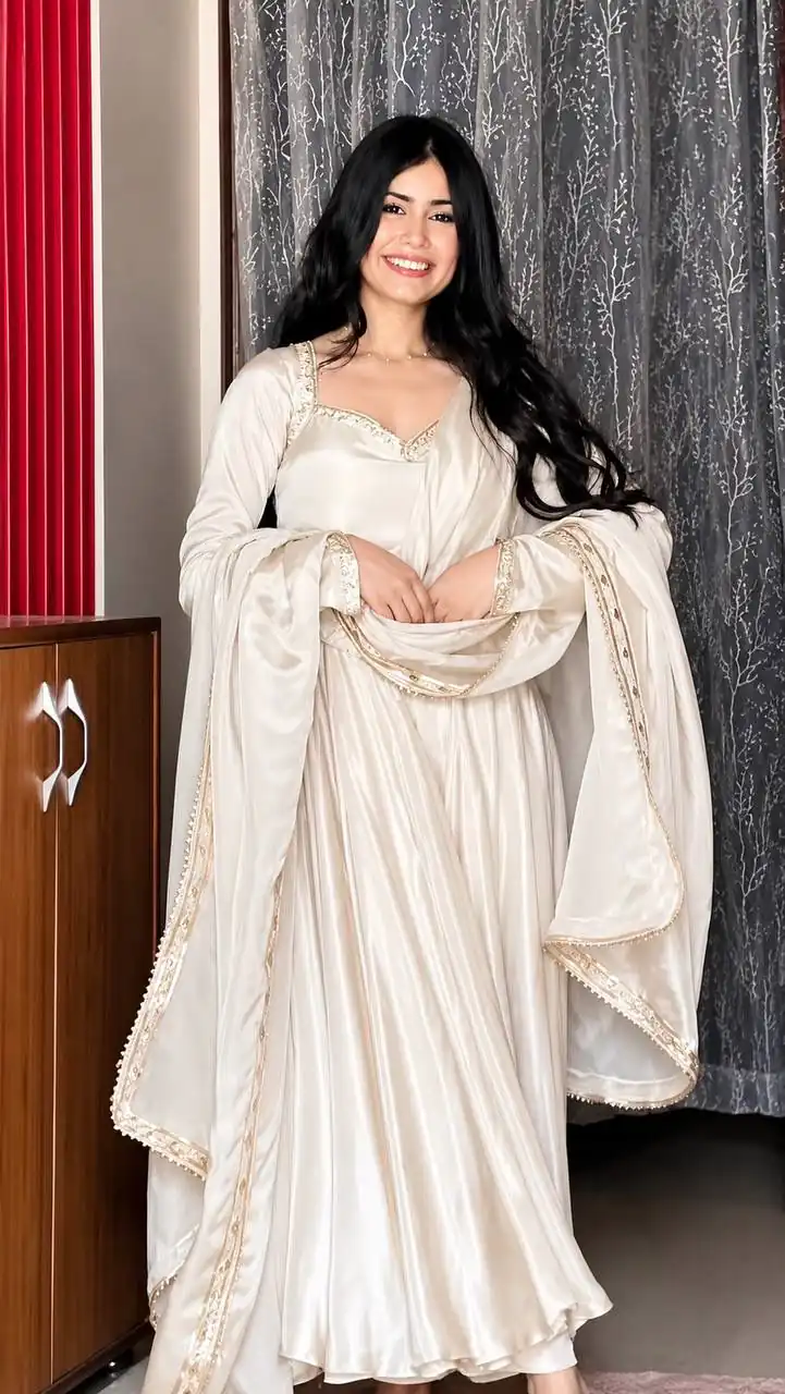 Fancy White Upada Silk Embroidery Work Gown - Image 8