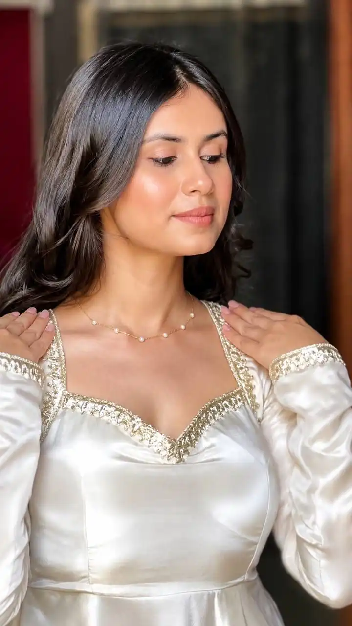 Fancy White Upada Silk Embroidery Work Gown - Image 5