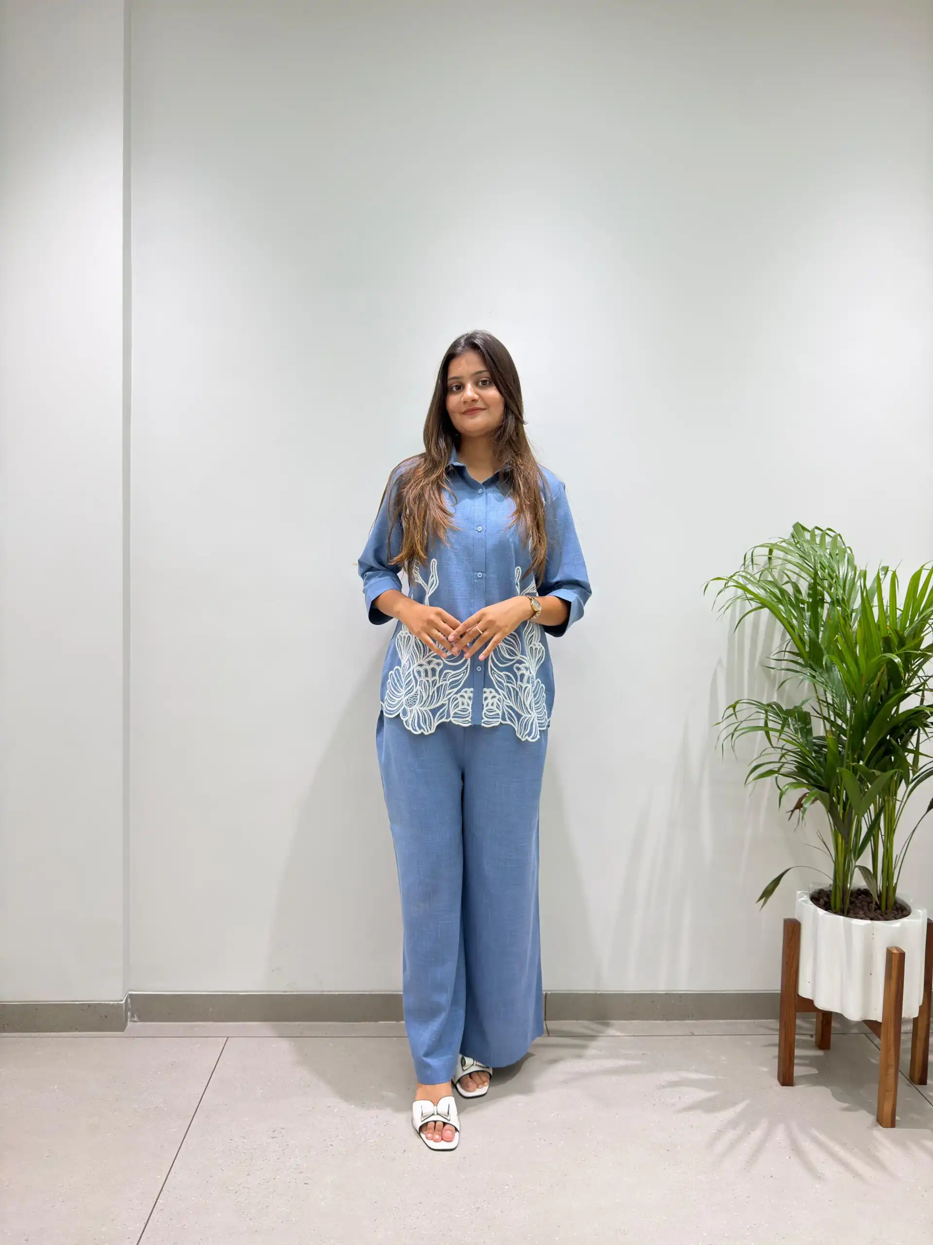 Glowing Blue Cotton Denim Embroider Work Kurti