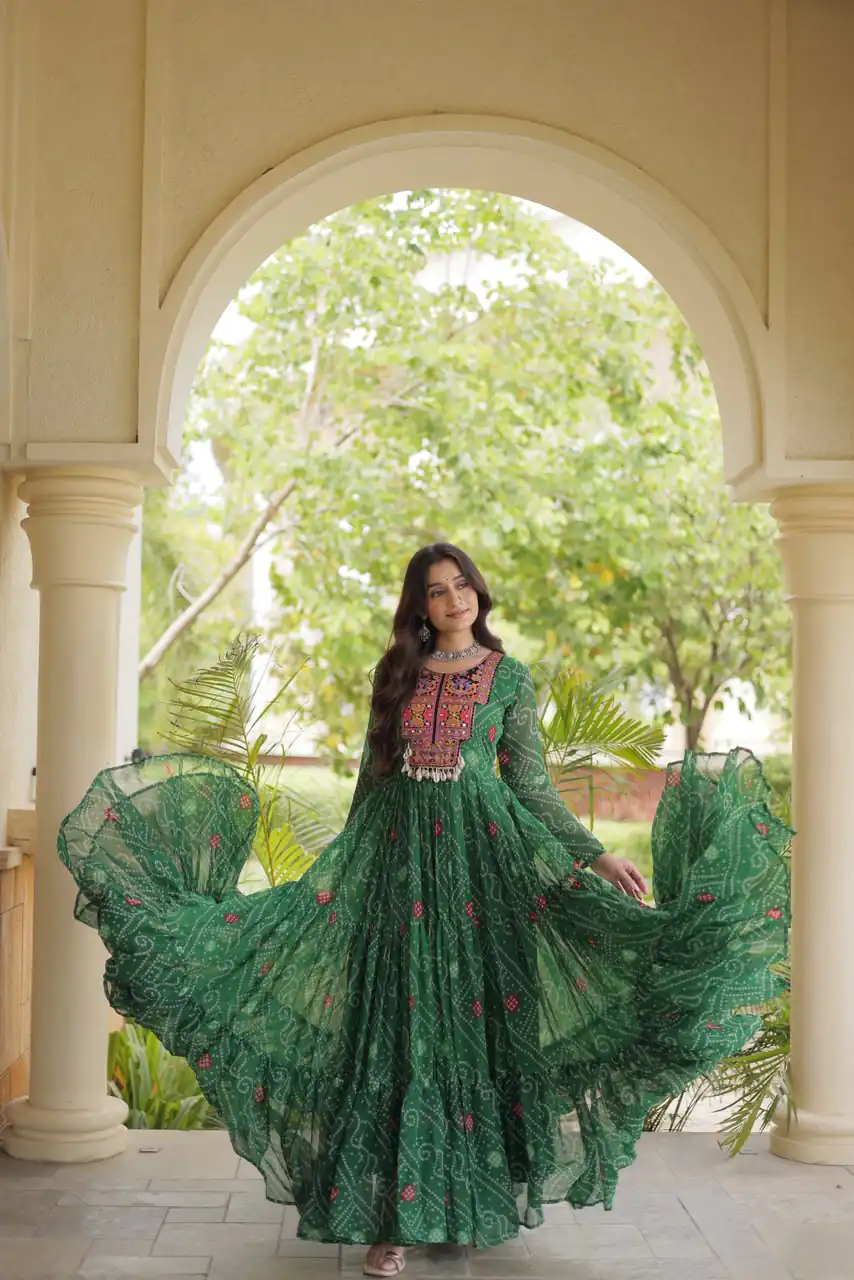 Glowing Green Faux Georgette Bandhani Print Work Gown