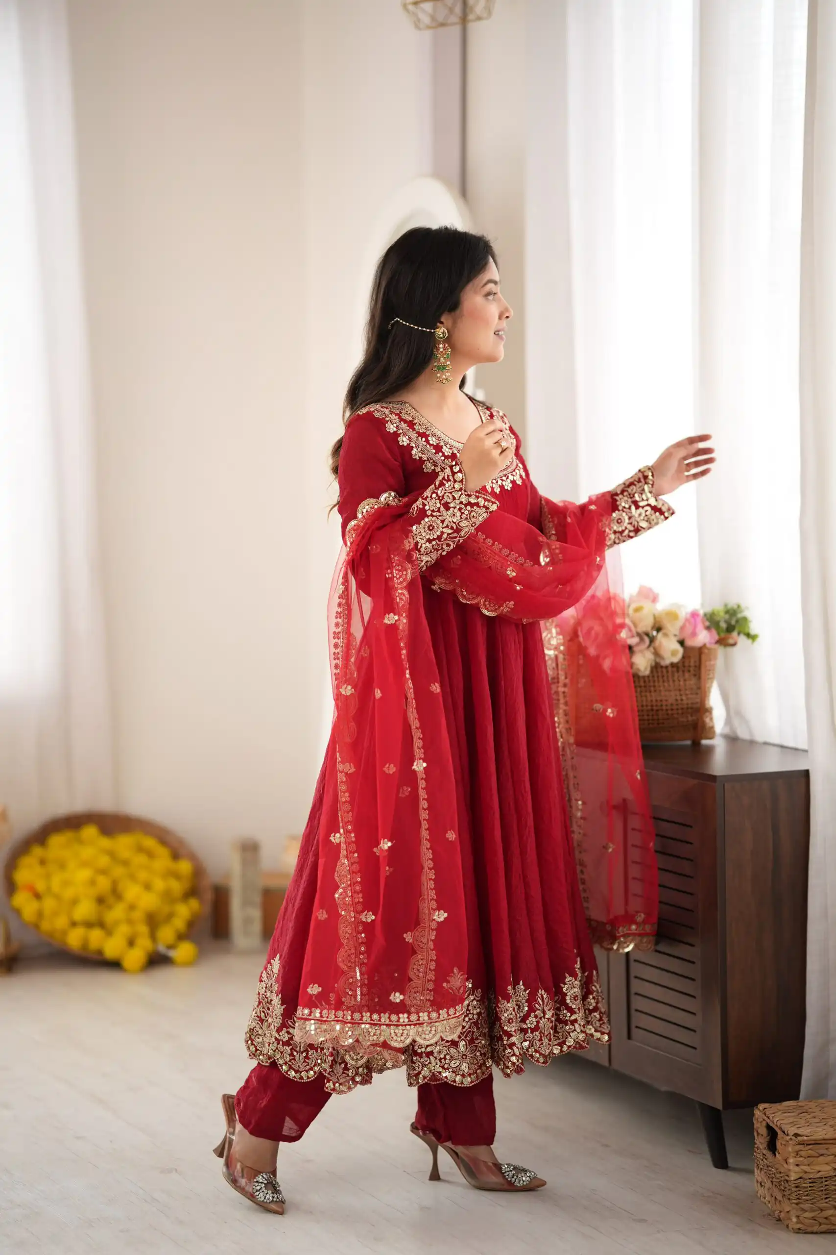 Glowing Maroon Doremon Crush Sequence Work Gown - Image 8