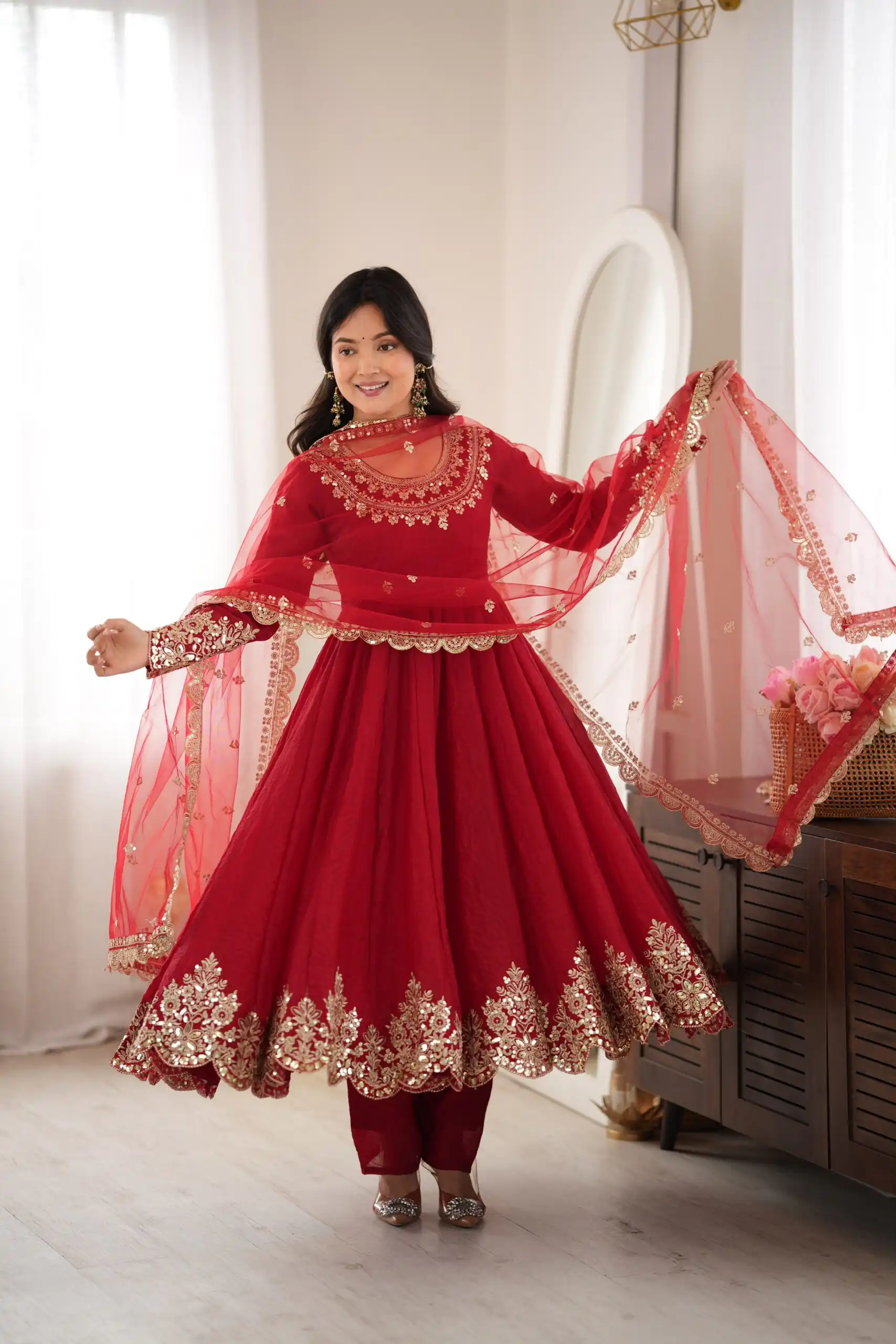 Glowing Maroon Doremon Crush Sequence Work Gown - Image 5