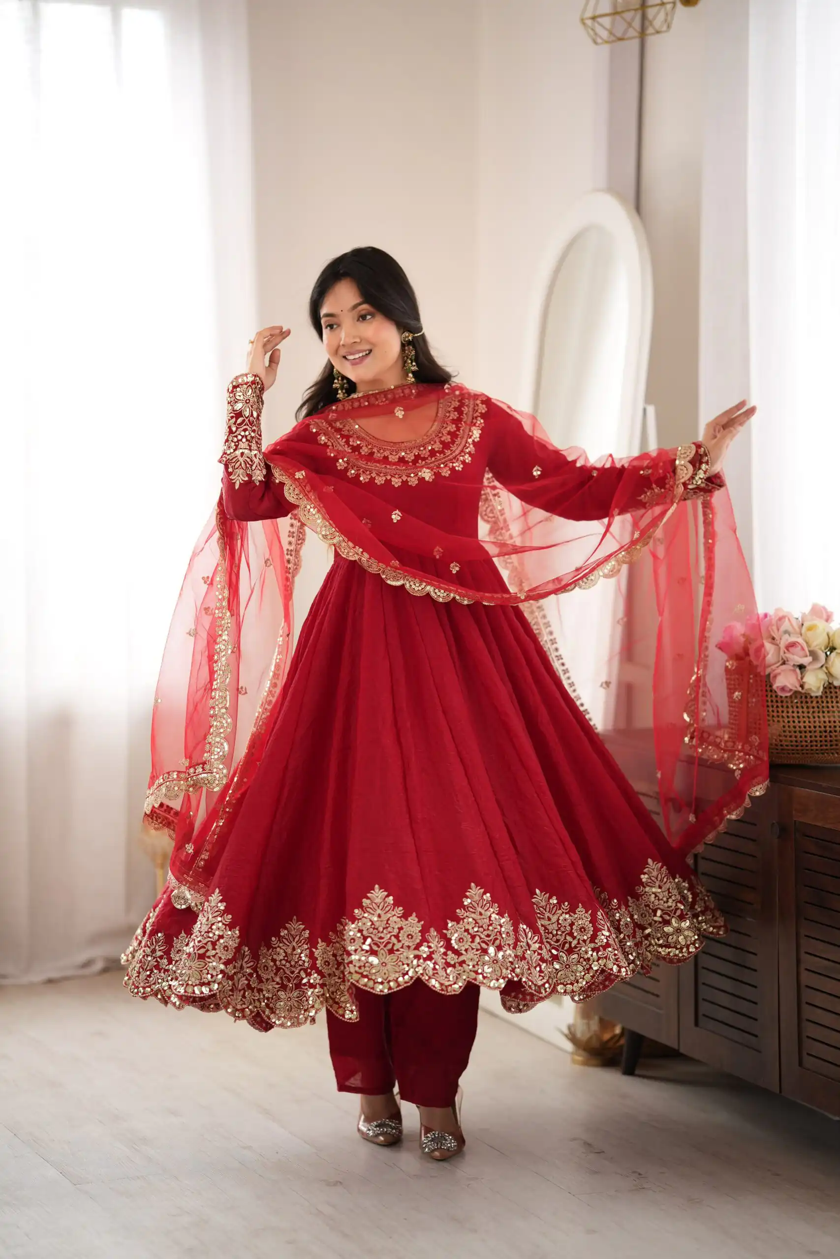 Glowing Maroon Doremon Crush Sequence Work Gown - Image 3