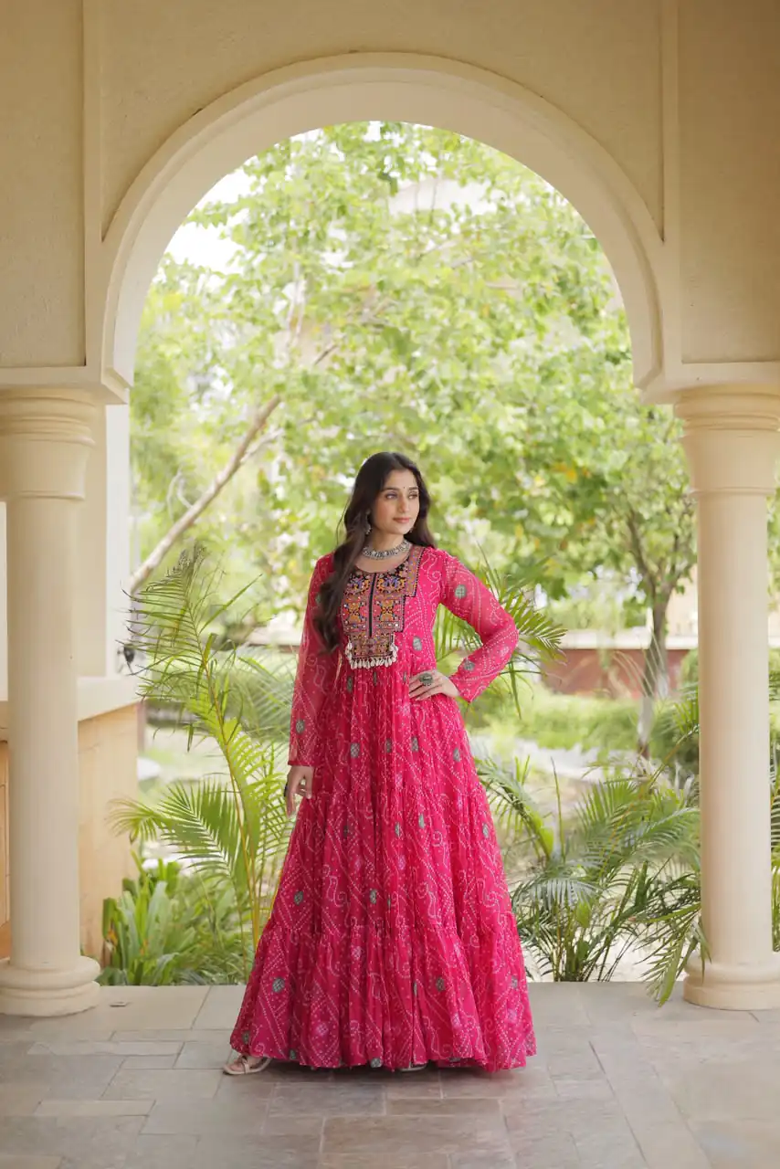 Glowing Pink Faux Georgette Bandhani Print Work Gown - Image 6