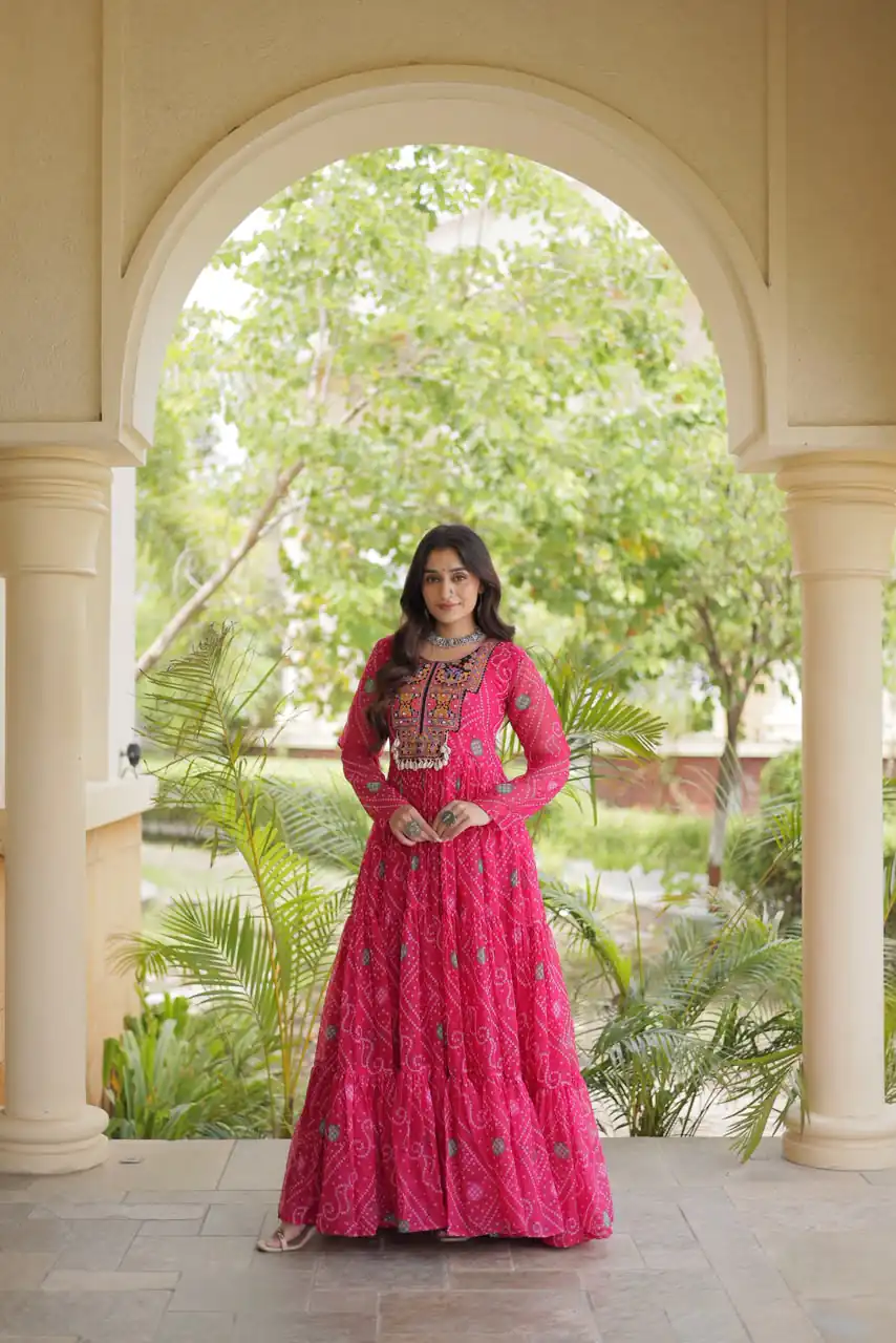 Glowing Pink Faux Georgette Bandhani Print Work Gown - Image 5