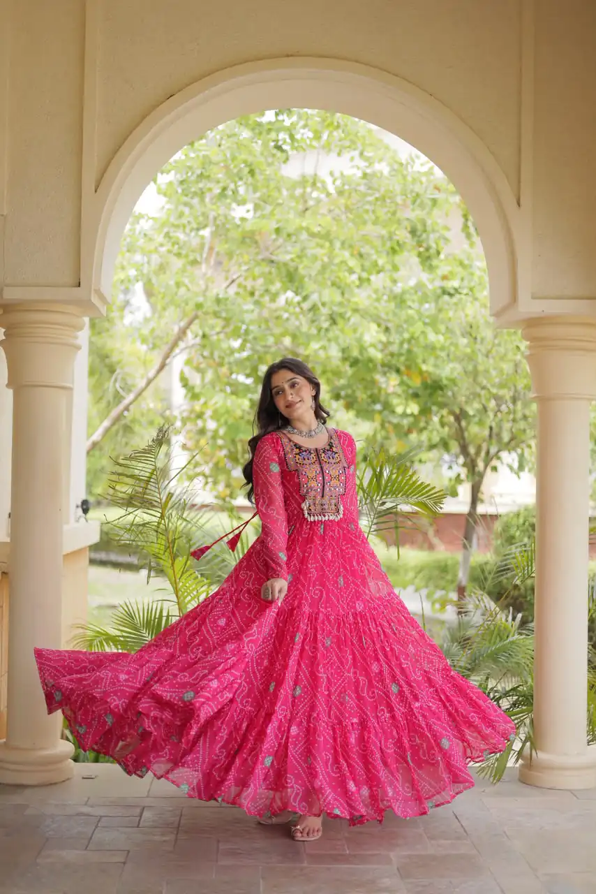 Glowing Pink Faux Georgette Bandhani Print Work Gown - Image 4
