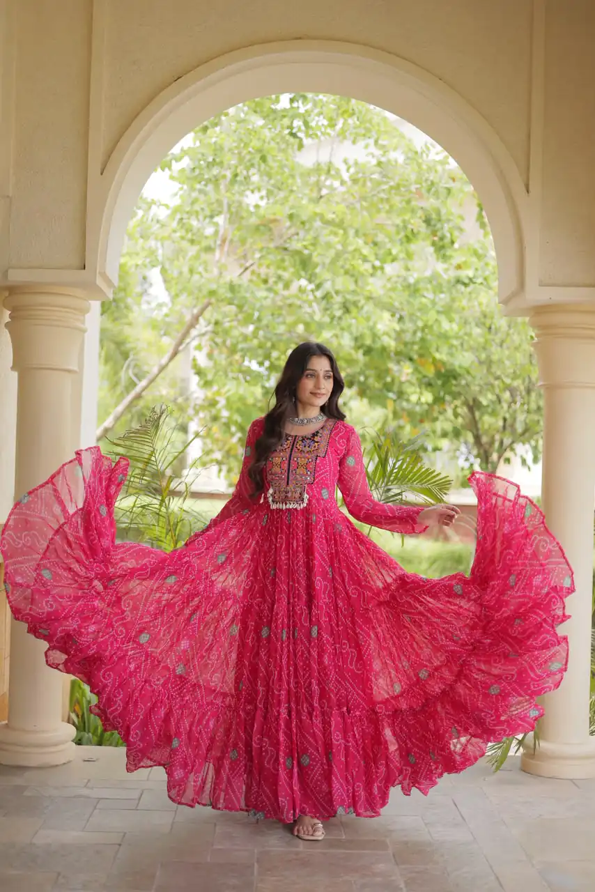 Glowing Pink Faux Georgette Bandhani Print Work Gown - Image 3
