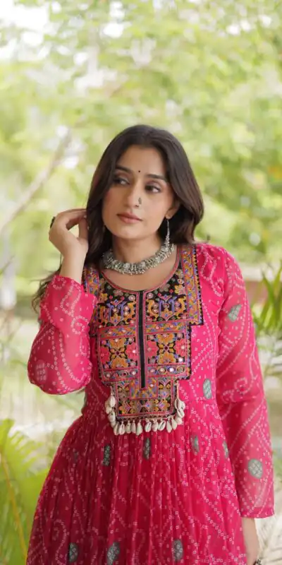 Alternative view of Glowing Pink Faux Georgette Bandhani Print Work Gown