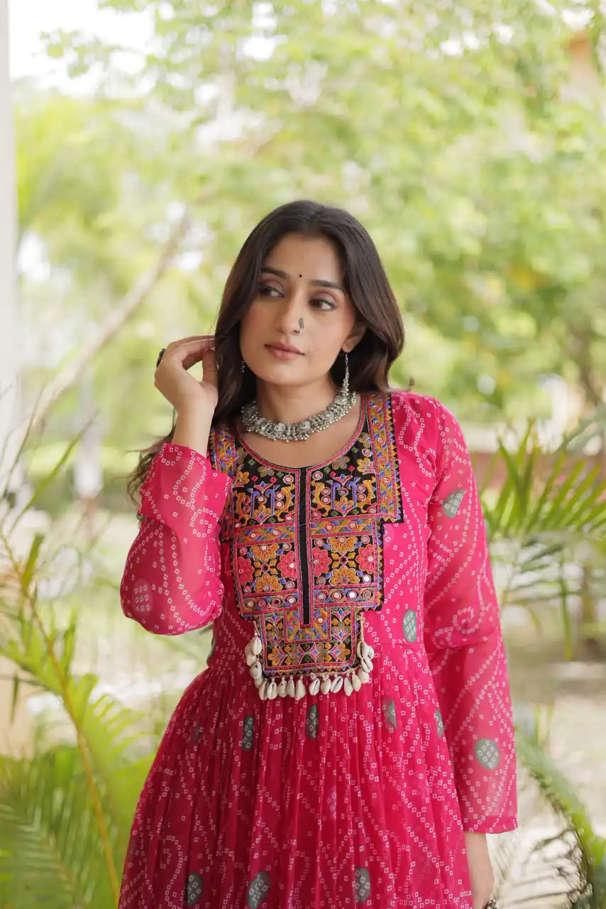 Glowing Pink Faux Georgette Bandhani Print Work Gown - Image 2
