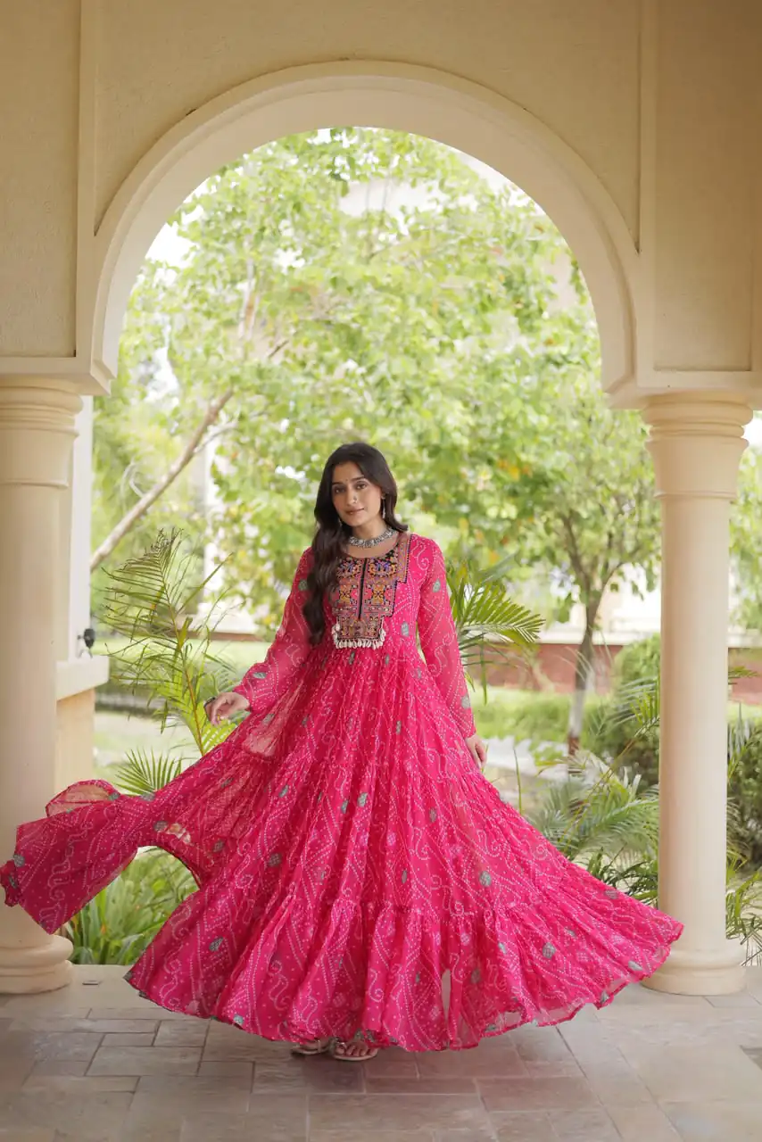 Glowing Pink Faux Georgette Bandhani Print Work Gown
