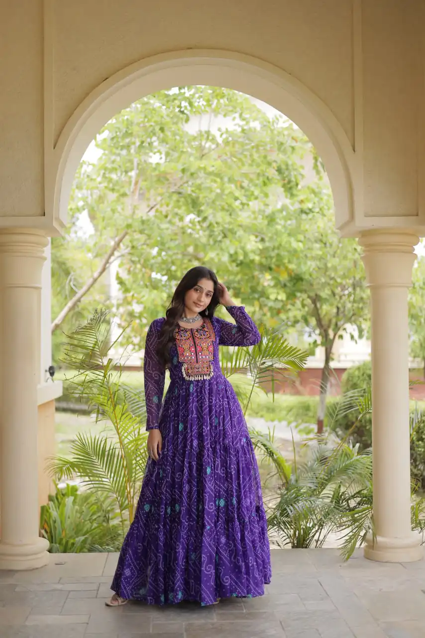 Glowing Purple Faux Georgette Bandhani Print Work Gown - Image 4