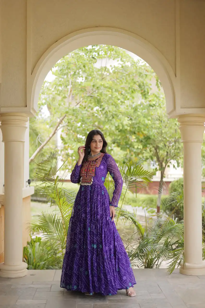 Glowing Purple Faux Georgette Bandhani Print Work Gown - Image 3